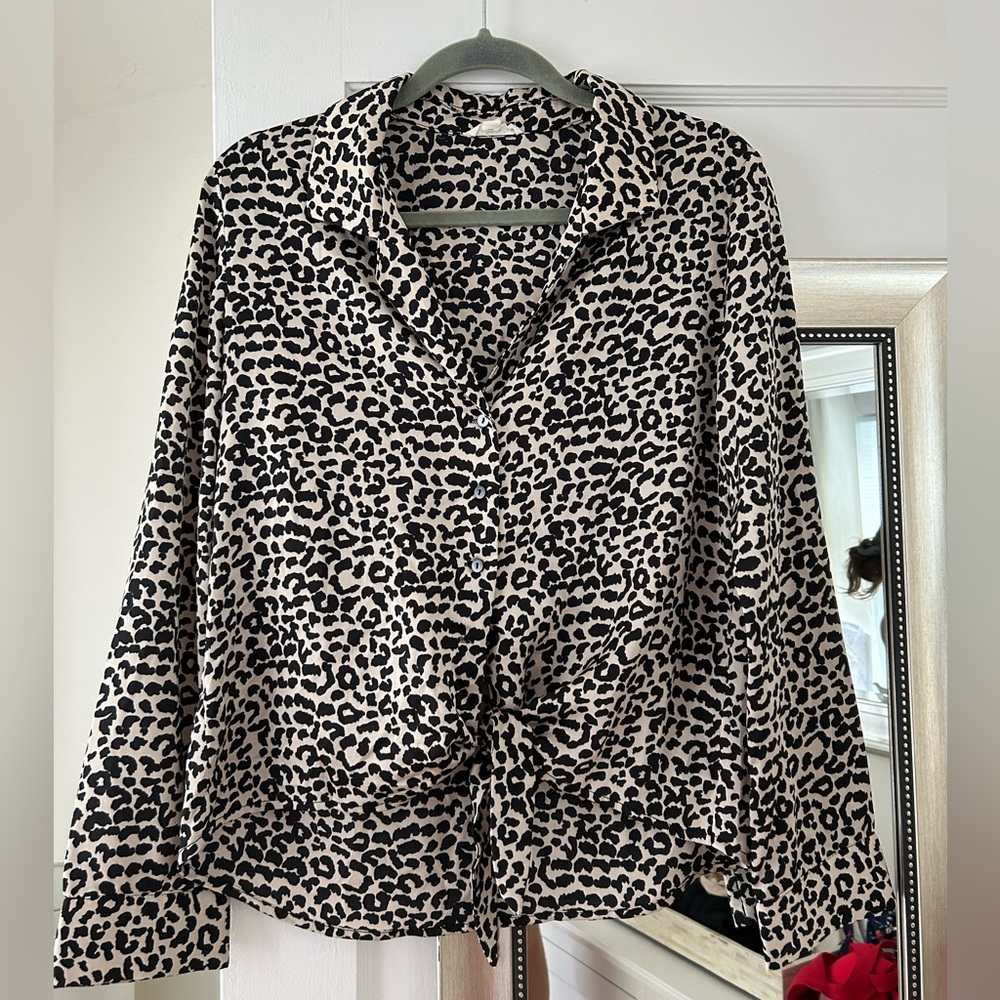 Cheetah Print Blouse with button up and front tie